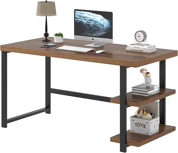 FOLUBAN 47 Inch Computer Desk, Small Home Office Desk with Storage Shelves, Industrial Writing Study Gaming Table Workstation for Living Room Bedroom, Rustic Walnut