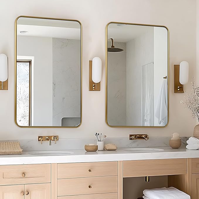 ANDY STAR 24x36 Rectangle Bathroom Mirror, Brushed Gold Stainless Steel Metal Frame Bathroom Mirror for Over Sink, Modern Rounded Corner Brass Vanity Wall Mirror, Hangs Horizontally or Vertically