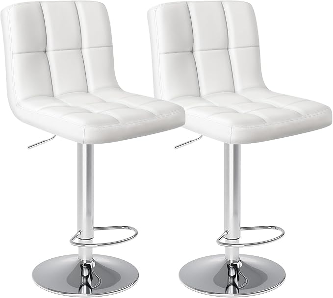 Sweetcrispy Bar Stools Set of 2, Armless PU Leather Adjustable Swivel Barstools, Hydraulic Kitchen Counter Height Thickened Seat Cushion Square Island Countertop Chairs with Back - White