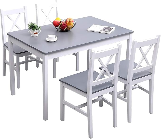 soges Dining Table Set for 4, 42.5 inch Pine Wood Dining Room Table with 4 Chairs, 5-Piece Kitchen Table Chairs Set for Small Space, Apartment, Dinette, Breakfast, White & Grey