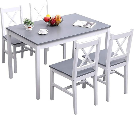 soges Dining Table Set for 4, 42.5 inch Pine Wood Dining Room Table with 4 Chairs, 5-Piece Kitchen Table Chairs Set for Small Space, Apartment, Dinette, Breakfast, White & Grey