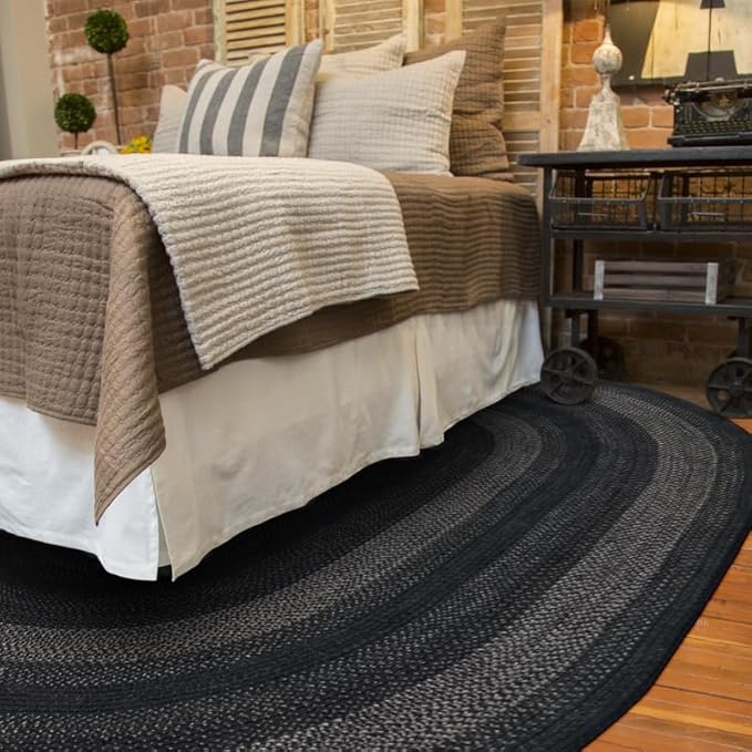 Homespice Jet Black Oval Woven Rug 5x8' – Primitive Braided Area Rugs for Dining Room and Living Room