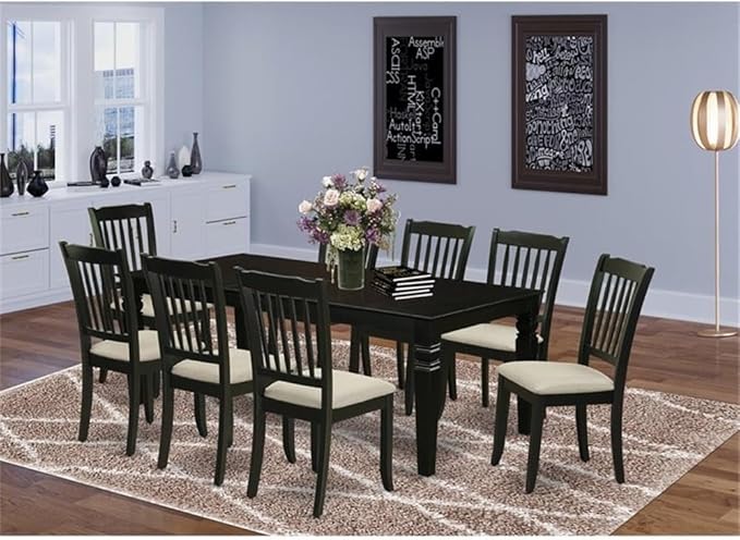 East West Furniture LGDA9-BLK-C 9 Piece Dining Room Table Set Includes a Rectangle Kitchen Table with Butterfly Leaf and 8 Linen Fabric Upholstered Dining Chairs, 42x84 Inch, Black