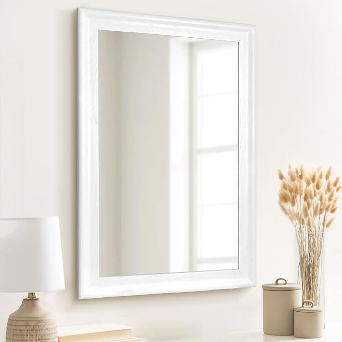 CULER White Wood Wall Mirror for Bathroom,Rectangle Rustic 24 x 36 inch Hanging Vanity Mirrors with Wooden Frame for Living Room,Bedroom,Entryway (24x36 inch, White)