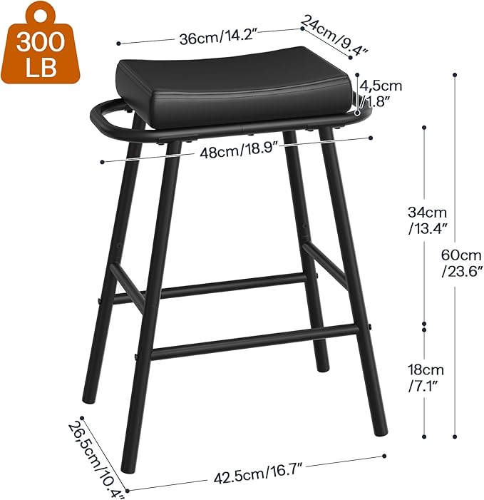 HOOBRO Bar Stools, Set of 2 Bar Chairs, 24” Barstools for Kitchen Counter, PU Upholstered Barstools, Kitchen Stools with Armrest and Footrests, Backless, for Kitchen, Dining Room, Black BB40MDP201