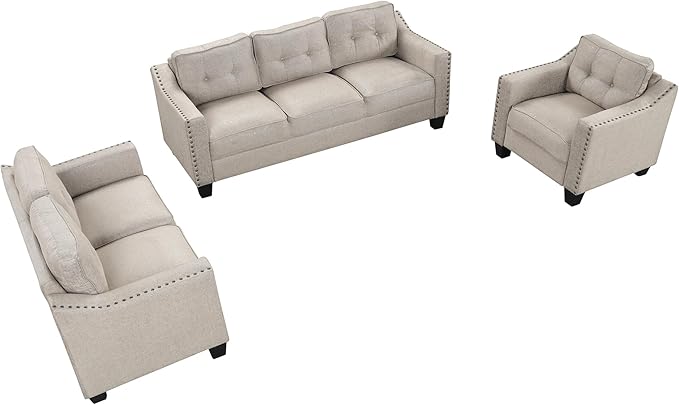 3 Pieses Living Room Sofa Sets Linen Blend Button Tufted Retro Sofa&Couch Include 3 Seaters Couch, Loveseat and Armchair with Waved Armrests and Nailhead Decor for Home Apartment Office