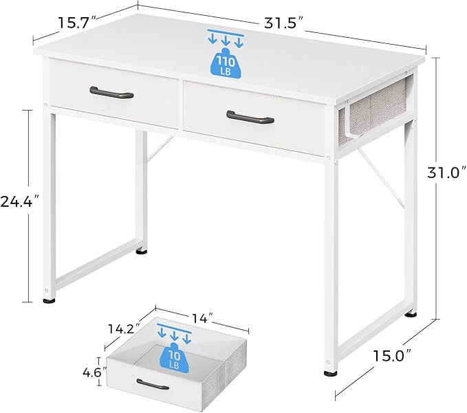 Casaottima 32 Inch Small Office Computer Desk with 2 Drawers & Headphone Hook - Compact Writing Desk for Home Office, Study or Work, Modern Space-Saving Design for Small Spaces, White