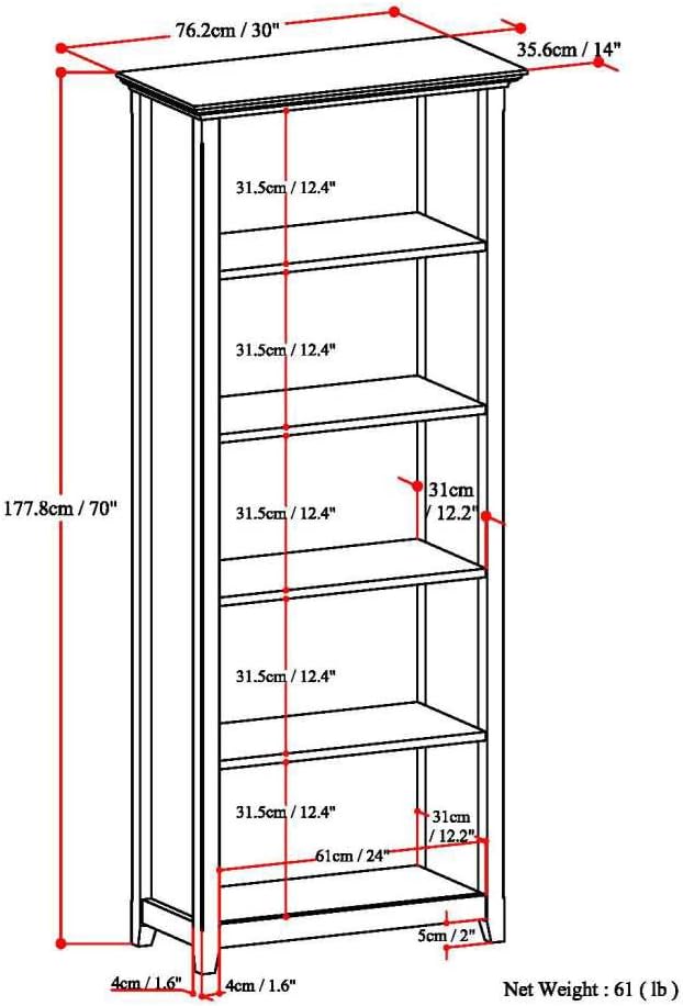 SIMPLIHOME Amherst Bookcase - 70 inch Tall 5-Shelf Solid Wood Bookshelf in Russet Brown, Transitional Storage for Living Room, Study Room or Office with Adjustable Shelves and Tapered Legs