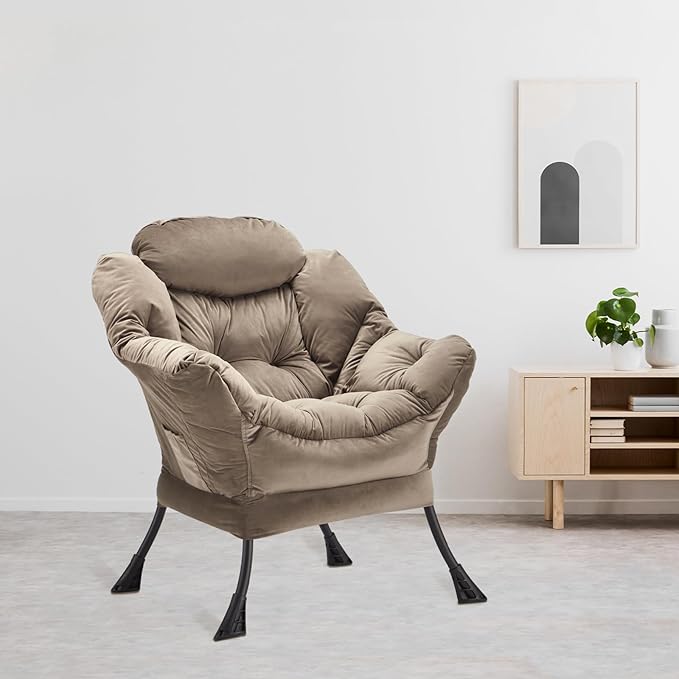 Lazy Chair Thick Padded, Comfy Velvet Accent Lounge Chair with Stable Frame, Leisure Sofa Armchair with Armrests and Side Pocket, Reading Chair for Bedroom, Living Room, Office, Dark Gray