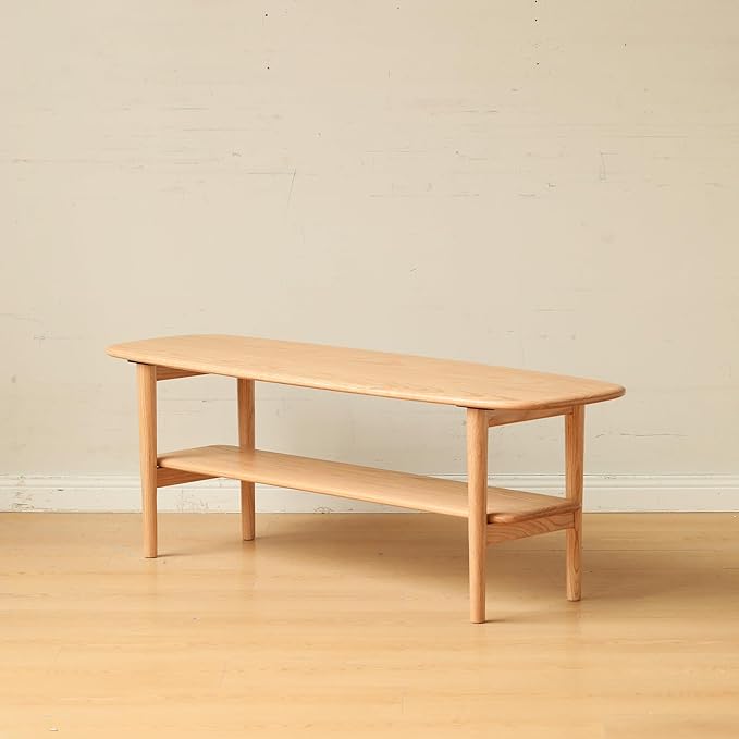 KEIKI 100% Solid Wood Coffee Table, Center Table, Modern Coffee Table with 2-Tier Storage Shelves for Living Room and Small Spacee