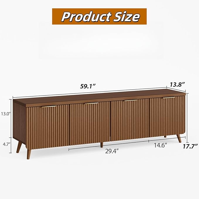 TV Stand for Living Room, Fluted Television Cabinet with 4 Stripe Doors, Modern Entertainment Center for 55/60/65 inch TV, Media Console with Wooden Legs & Metal Handles, Walnut