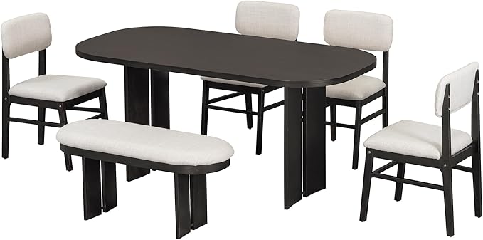 Ball & Cast Wood Dining Table Set with Bench,6-Piece Upholstered Rectangular Set w/ 4 Upholstered Chairs,Curved Profiles Kitchen Furniture Suitable Big Family Gatherings,Espresso