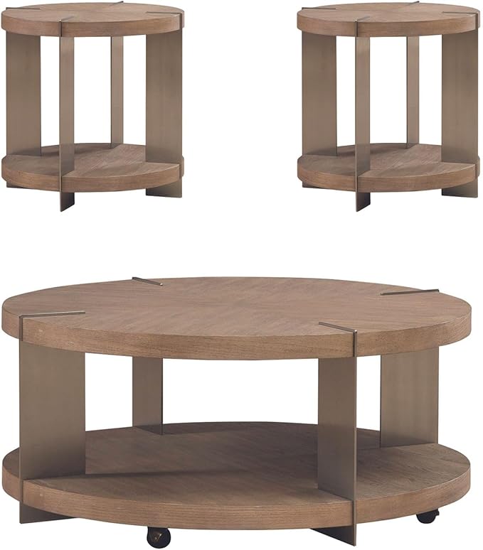Liberty Furniture Harlow Living Room 3 Piece Set - Round Cocktail Table, 2 End Tables - Sandstone & Satin Nickel