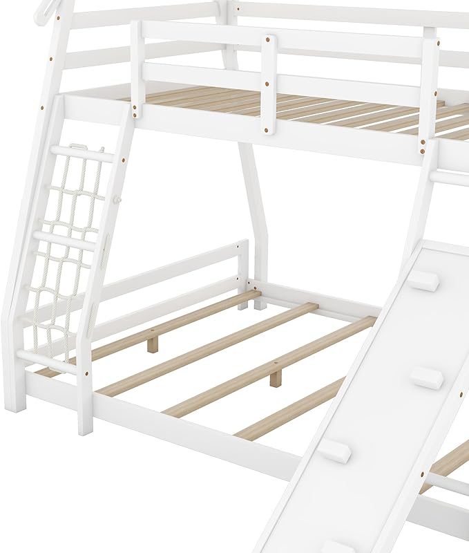 Twin Over Queen House Bunk Bed with Climbing Nets and Climbing Ramp for Kids Teens Boys Girls,Solid Wood Bunk Bed Frame with Safety Guardrails,Playful Design,White