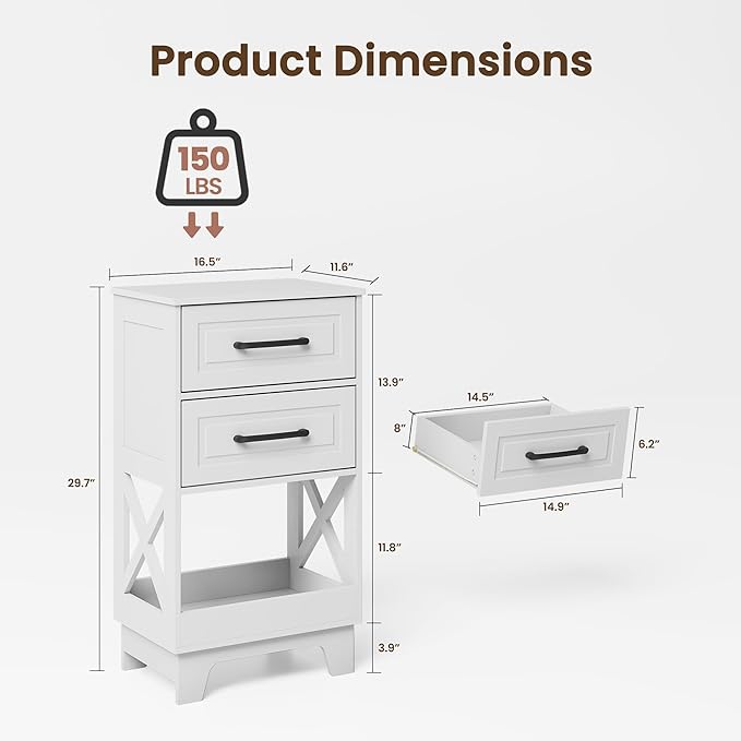 Tall Nightstand Set of 2 Side Table with 2 Drawers Modern Night Stand Wooden End Table Bedside Table with Below Open Shelf Solid Feet for Bedroom, Living Room, White