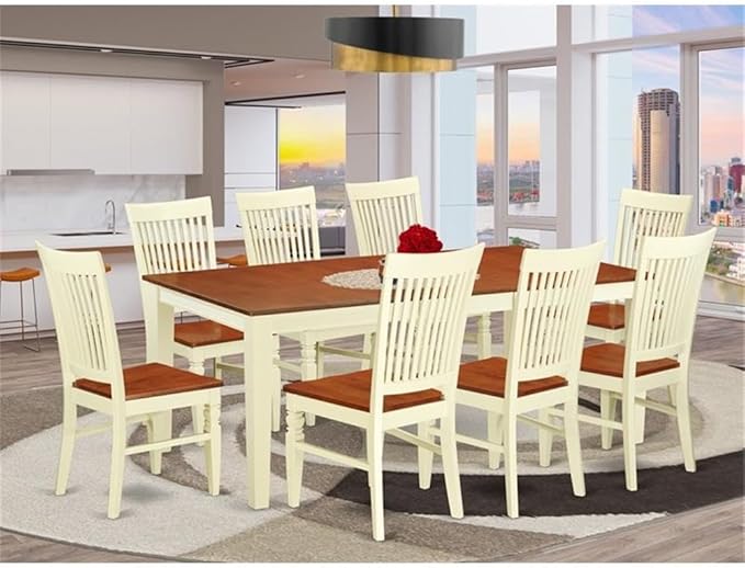 East West Furniture QUWE9-BMK-W 9 Piece Dining Room Furniture Set Includes a Rectangle Wooden Table with Butterfly Leaf and 8 Kitchen Dining Chairs, 40x78 Inch, Buttermilk & Cherry