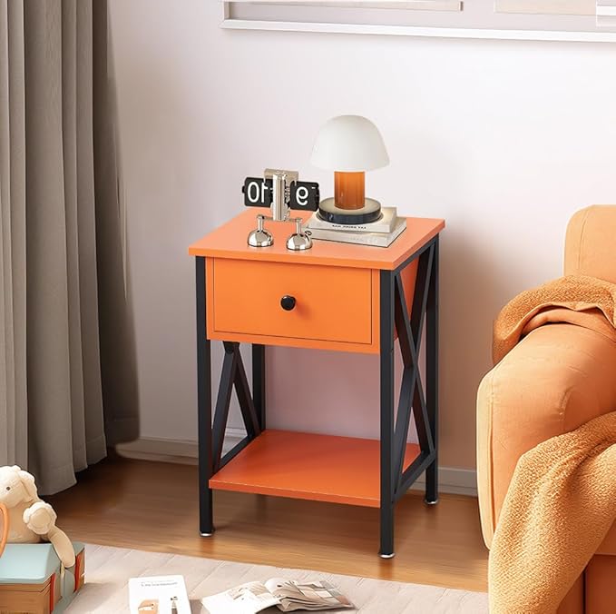 VECELO Nightstands Set of 2, Modern Bedside End Tables, Night Stands with Drawer and Storage Shelf for Living Room Bedroom, Industrial Metal Frame