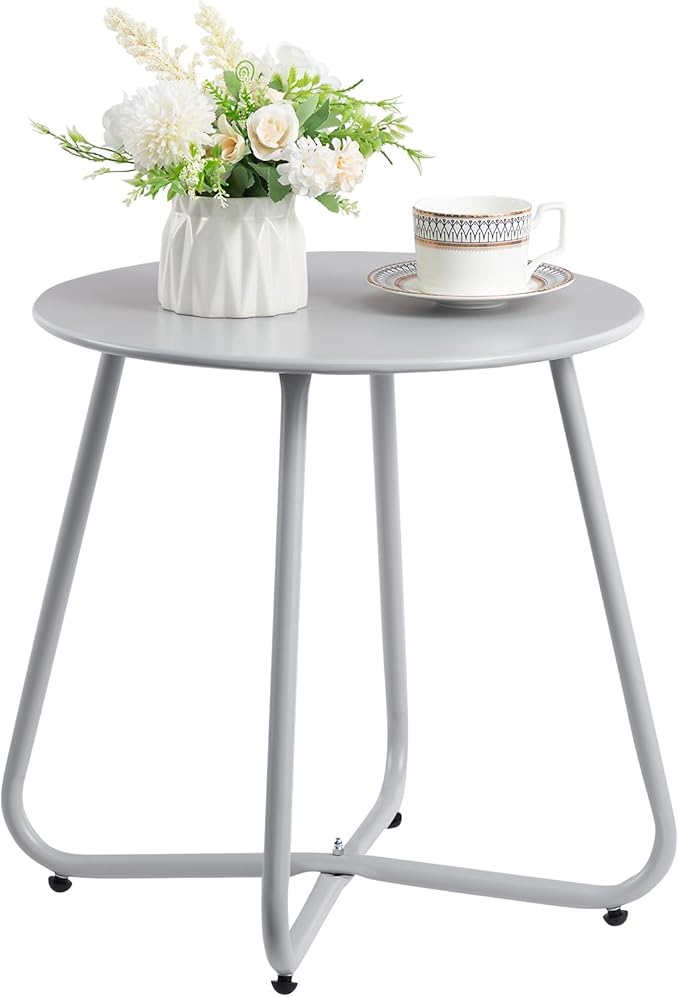 HollyHOME Round Metal Side Table, Rust-Resistant Patio Small Plant Stand, Outdoor 17.32'' Portable End Table for Balconies, Gardens, Living Rooms and Bedrooms, Grey