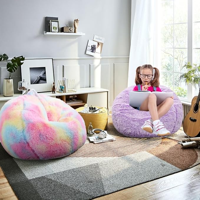 Fluffy Bean Bag Chair, 3FT Round Memory Foam Filled Bean Bag for Teens & Kids, Ultra Soft Faux Fur Fabric Bean Bag Chairs for Playroom, Living Room, Bedroom, Lavender