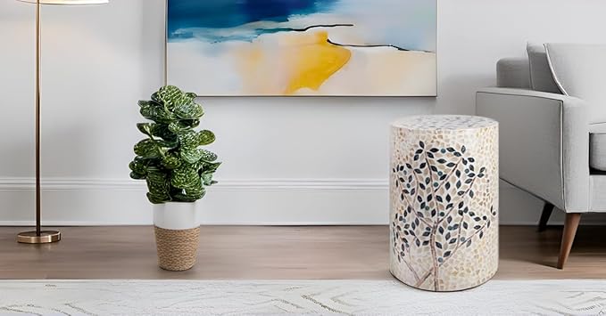 PEMAR Mother of Pearl Cylinder Drum End Table Nacre Side Stool Round Accent Table Coffee Bedside Nightstand and Vanity Stool (Olive Tree)