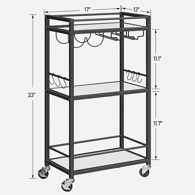 TUTOTAK Bar Cart, Home Bar Serving Cart with 3-Tier Mirrored Shelf, Drink Cart, Mobile Kitchen Shelf with Wine Rack, Rolling Beverage Cart, Black BC01BK033