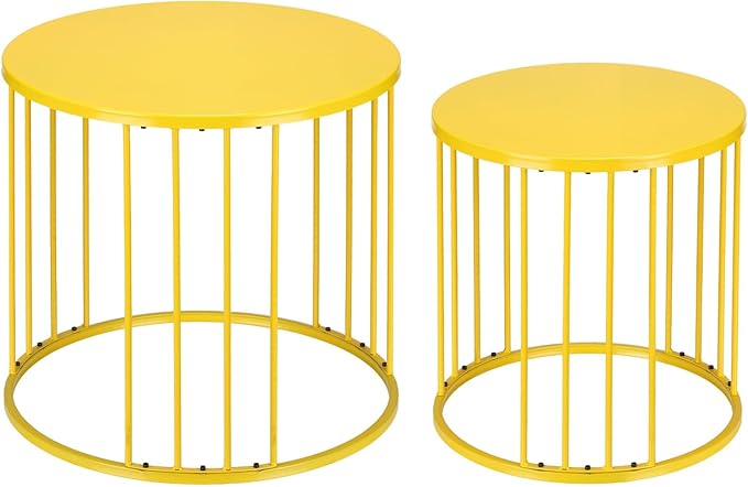 LEWIS&WAYNE Outdoor Side Table Set of 2, Metal Circle Accent End Tables for Balcony Backyard Garden Indoor Living Room, Durable Nesting Coffee Tables, 20”+16” Dia, Yellow