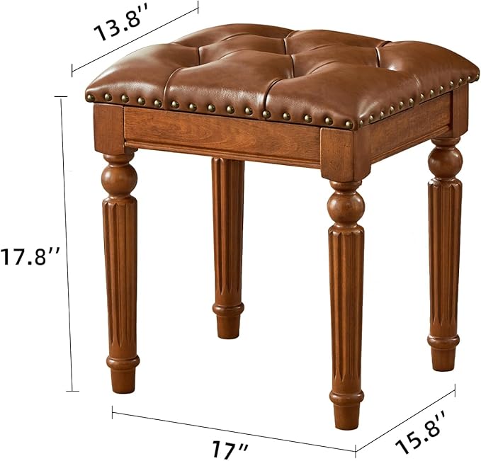 Vanity Bench Stool with Microfiber Leather Cushion, Vanity Chair Ottoman Dressing Stool with Solid Wood Legs for Bedroom, Makeup Room, Dressing Room (Brown)