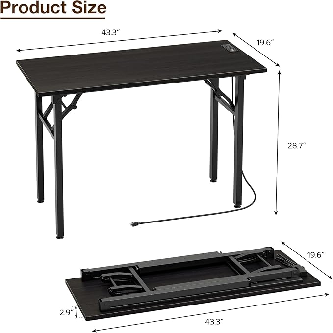 TEMI Small Computer Desk Folding Table - No Assembly, Compact 43.3" Foldable Desk with Power Outlets & USB Charging Port, Portable Small Office Desk, Ideal Mini Study Table, Charcoal Wenge