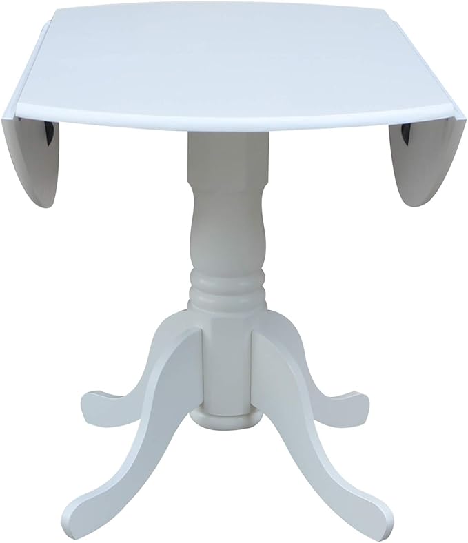 IC International Concepts, 42" Round Dual Drop Leaf Pedestal Dining Table, Solid Real Wood, Sturdy Parawood, White