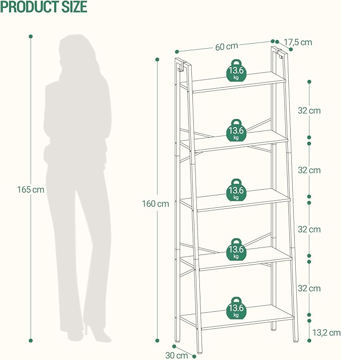 Ladder Shelf, Bookshelf Bookcase, Freestanding Corner Storage Shelve with 2 Hooks for Home Office, Living Room, Kitchen, Bedroom, Industrial, 5-Tier Black BC19304B