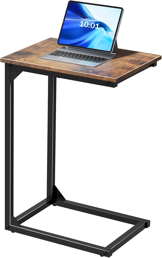 C-Shaped Side Table, C-Table for Sofa, Couch Table with Metal Frame, Large Surface Sofa Table for Living Room（Brown）
