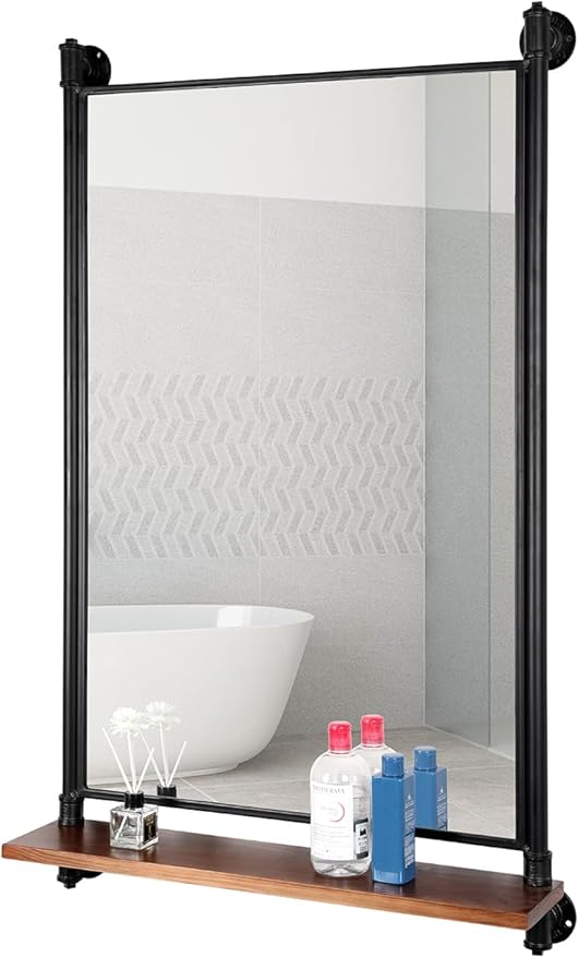 Industrial Pipe Mirror Wood Shelves,Bedroom Mirror with Shelf,Rectangle Iron Wall Mirrors for Living Room Bedroom(34.6 x 23.6 in)