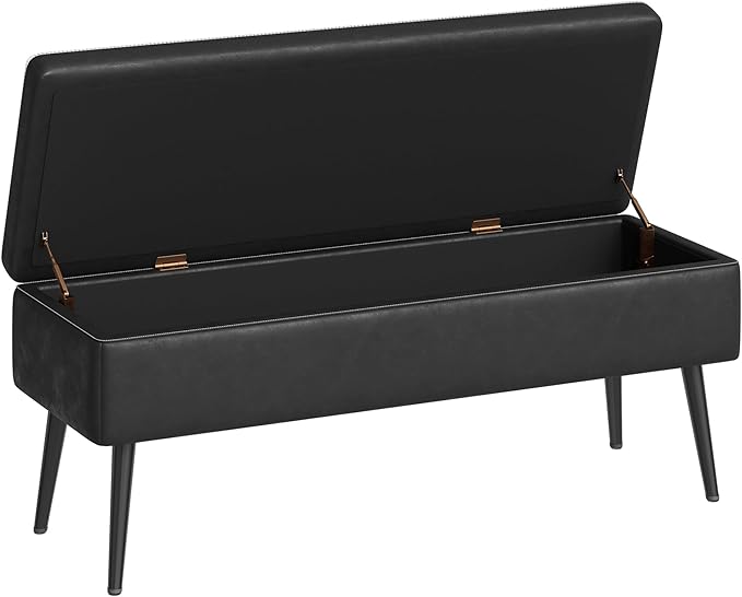 GarveeHome Storage Ottoman Bench, Mid-Century Modern Entryway Bedroom Bench, Synthetic Leather with Stitching, Safety Hinges, Loads 680 Lb, Black