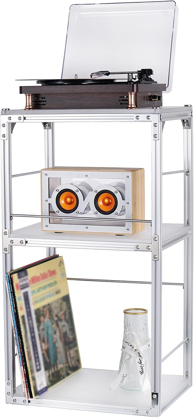 Record Player Stand with Vinyl Record Storage, End Table Style Record Stand, Silver Aluminum & Acrylic Vinyl Record Stand, Modern Record Table