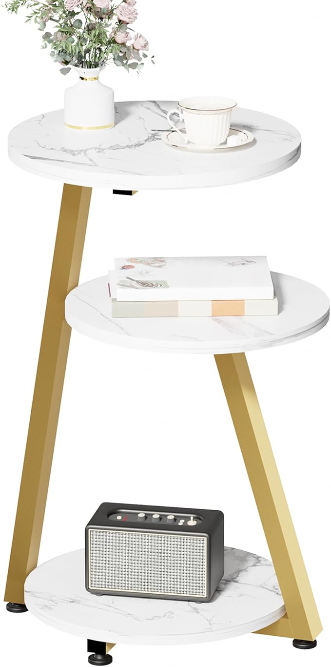 BEWISHOME Round End Table Marble Side Table with Metal Frame, Small Nightstand with 3-Tier Shelves, Night Stand for Living Room Bedroom Tall Gold White Stand KTZ41J