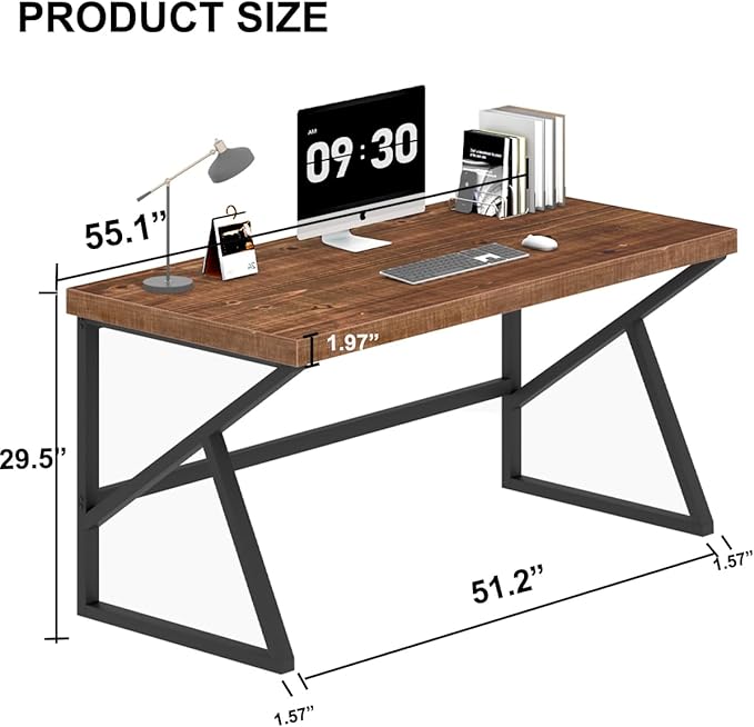 IBF Natural Real Wood Desk, Minimalist 47” Solid Wood Computer Desk, Rustic Desk for Home Office Writing Study, Vintage Industrial Wooden PC Gaming Workstation Computer Table, Brown, 47 Inch