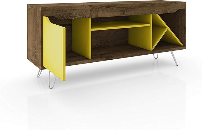 Manhattan Comfort Baxter 53.54" Mid Century TV Stand for Bedroom and Living Room Use, Entertainment Center with Storage, Shelves and Wine Racks, Ideal for 46 to 50 Inch Screens, Rustic Brown/Yellow