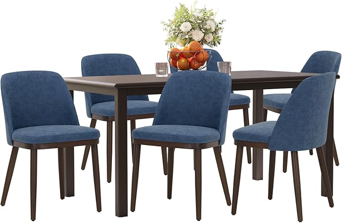 COLAMY 60 Inch Rectangular Kitchen Dining Table for 6, Modern Farmhouse Dining Table Set for 6, Wood Dining Table and Upholstered Dining Chairs for Kitchen, Dining Room, Restaurant, Brown/Blue