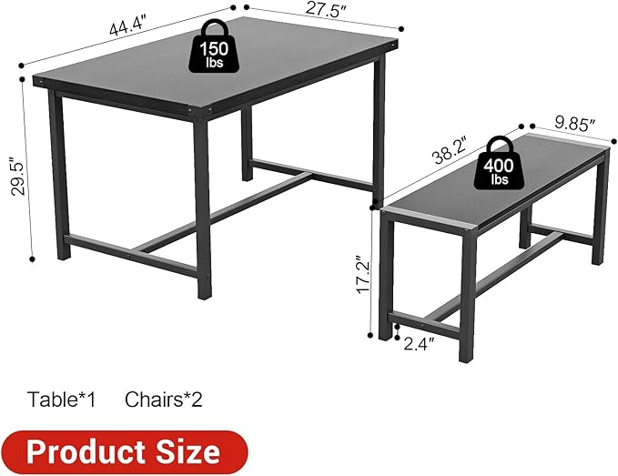 Garvee Dining Table Set for 4, Kitchen Table with Benches, 3 Piece Rectangular Dining Room Set with 2 Wooden Benches for Small Space, Apartment, Studio, Home, Rustic Black