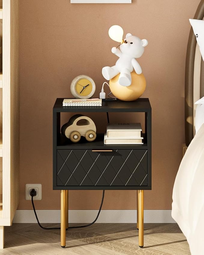 Nightstand,Small Bedside Table with Gold Frame,Morden Night Stand with 2 Drawer,End Table,Side Table with Drawer and Shelf for Bedroom,Living Room (Black-Diamond-Outlet)
