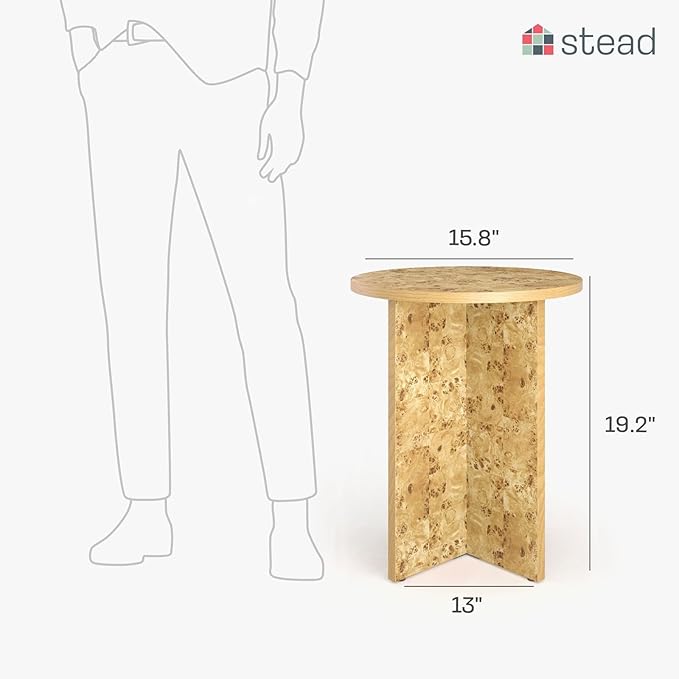 Round Natural Burl End Table for Living Room - 16" Round x 19.2" H - Lacquered Natural Finish & Solid Cross Base - Burled Side Table with Padded Feet - Versatile Nightstand