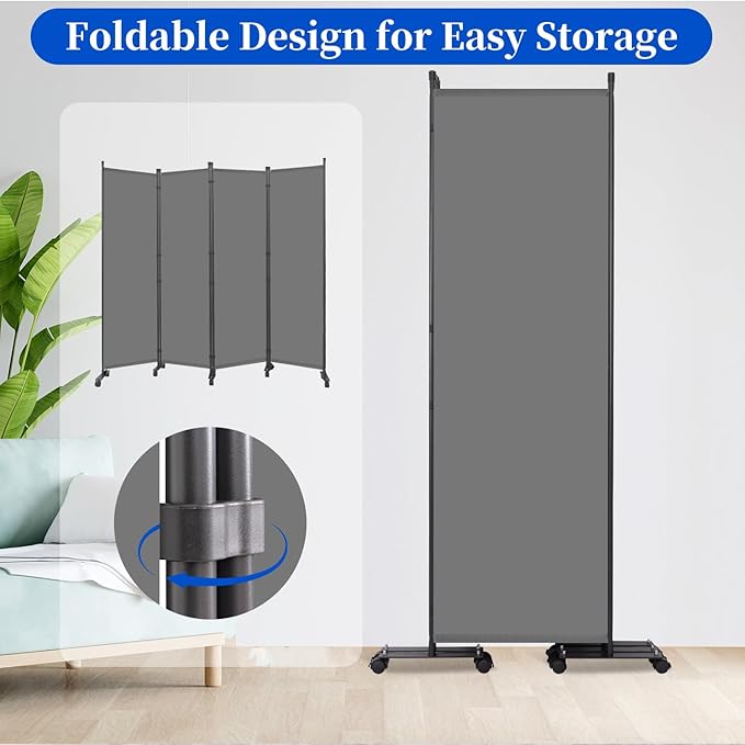 Room Divider 6FT Room Partition with Lockable Wheels,4 Panel (Thicked Metal Base) Room Dividers, Freestanding Indoor Folding Privacy Screens, Portable Fabric Wall Divider for Room Separation, Grey