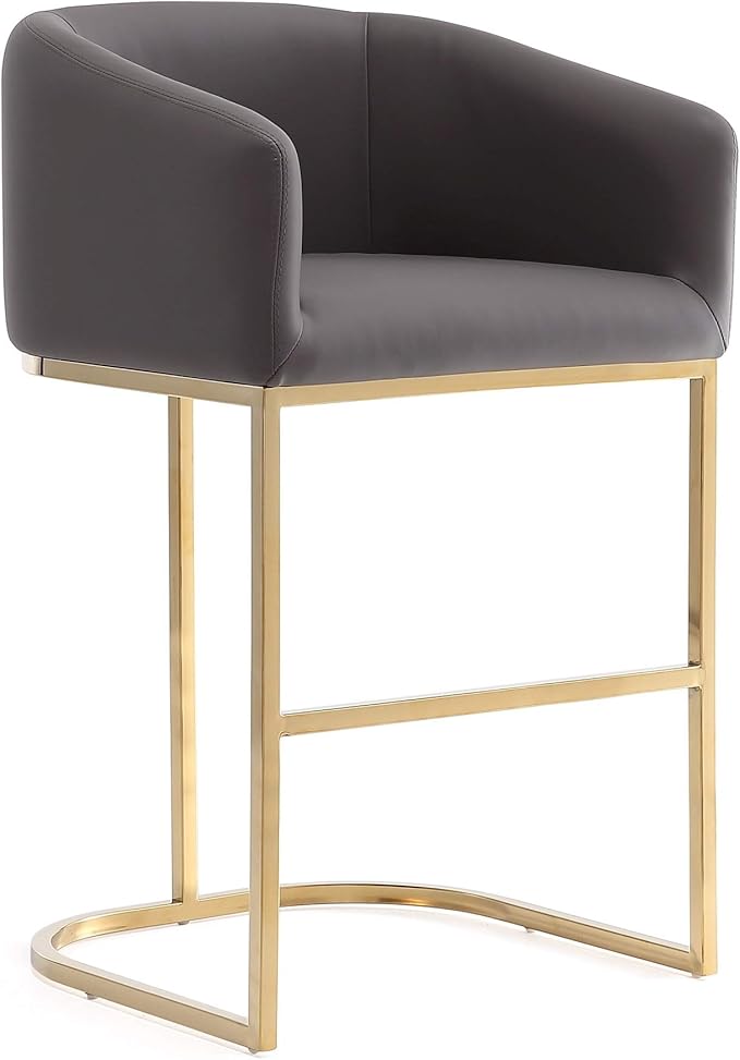 Manhattan Comfort Louvre 26 Inch Mid Century Modern Counter Height Bar Stools - Elegant Faux Leather Padded Seat, Stainless Steel Base with Footrest, Fully Assembled Barstools, Set of 2, Grey