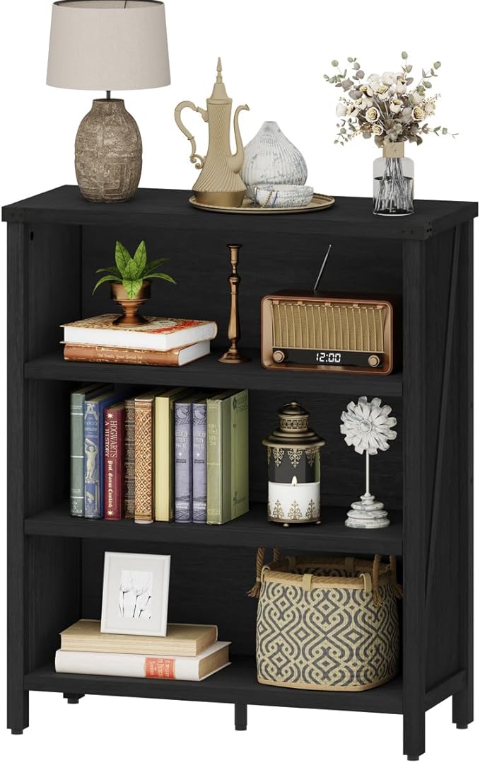 BON AUGURE Small Bookshelf, 3 Tier Black Book Shelf, Farmhouse Storage Bookcase, Short Wooden Book Cases for Small Space, Office, Bedroom, Living Room (Black Oak)
