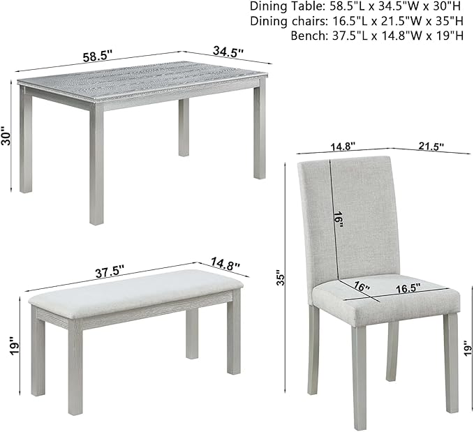 Dining Table Set for 5, 6 Piece Dining Room Table Set with Rectangular Crystal Decoration Table, 4 Upholstered Chairs and Bench, Counter Height Kitchen Sets with MDF Tabletop, Silver Gray