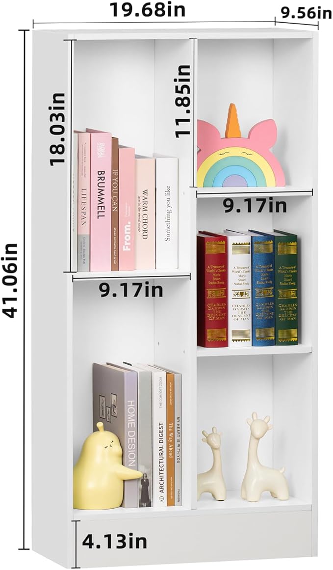 YAHARBO 5 Cube White Bookshelf,Small Modern Horizontal Bookcase,Wood Floor Standing Low Bookshelves Display Storage Cabinet with Base, Short Book Shelf Open Organizer for Bedroom,Living Room,Office
