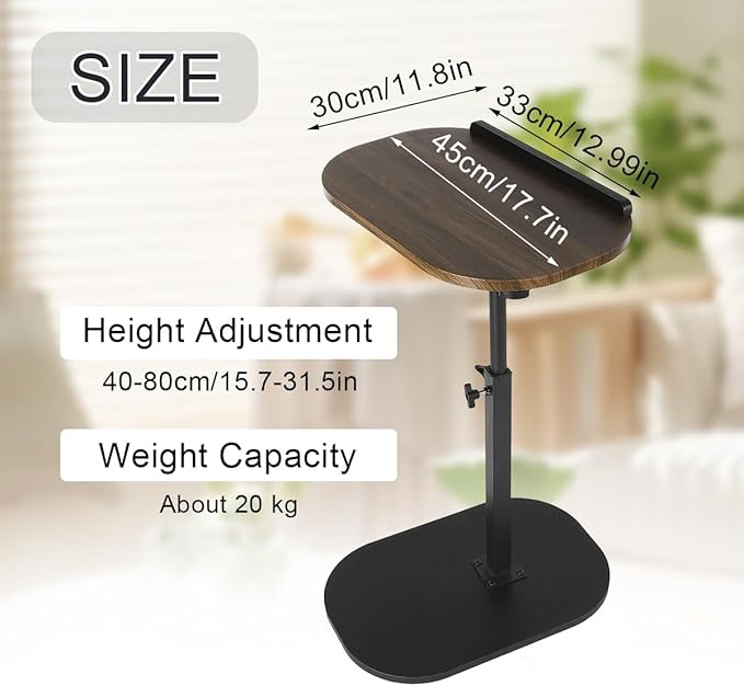 Comeon C-Shaped Tv Tray Pedestal Side Table, End Table Adjustable Height in Couch Living Room or Bedroomwith 360° Rotating Top for Small Spaces Bedside Night Stand Bedside Snack (Walnut)