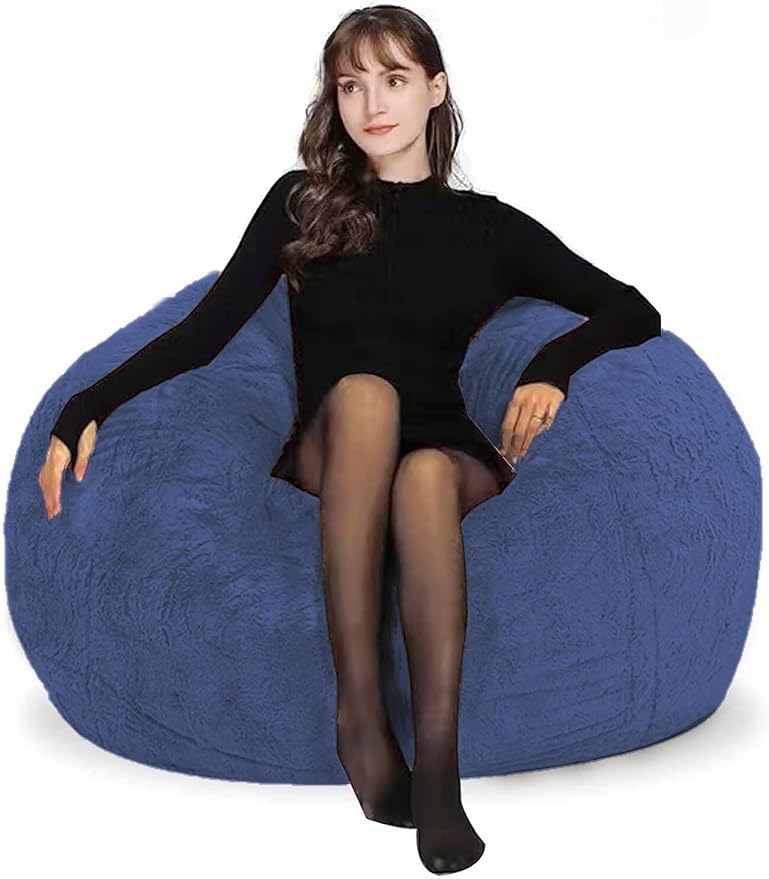 Bean Bag Chair for Adults Kids Without Filling Comfy Fluffy Round Beanbag Couch Lazy Sofa Cover for Reading Chair Floor Chair, 3.5FT, Blue