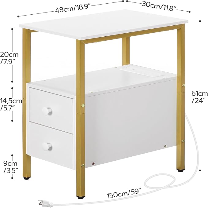 HOOBRO End Table with Charging Station, Narrow Side Table with 2 Drawer & USB Ports & Power Outlets, Nightstand for Small Spaces, Stable and Sturdy, for Living Room, Bedroom, Gold and White DW541BZ01