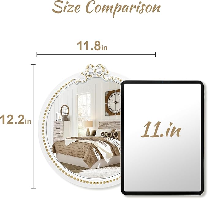 Vintage Round Wall Mirror 11.8inch Small Farmhouse Wooden Vanity Mirror for Wall Decor, Decorative Antique White Nursery Mirrors, Traditional Art Home Bow Decor for Living Room,Bedroom